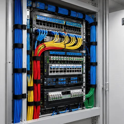 Organized network cabinet with colorful structured cabling