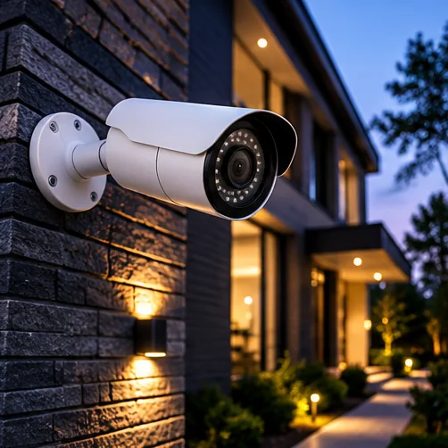 Outdoor security camera protecting a home entrance